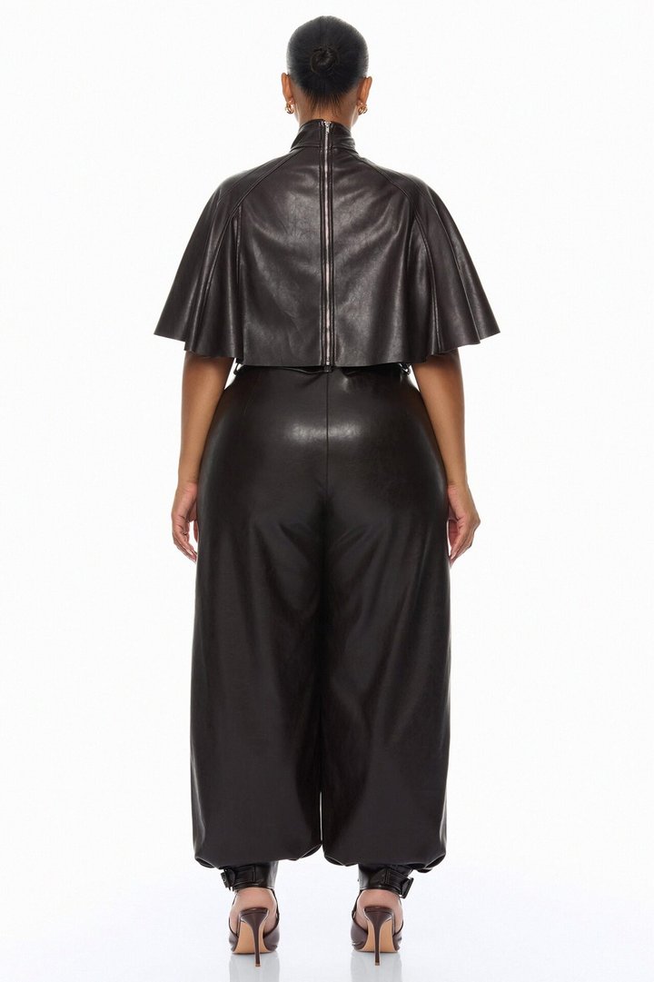 City Streets Faux Leather Balloon Pant Set - Chocolate
