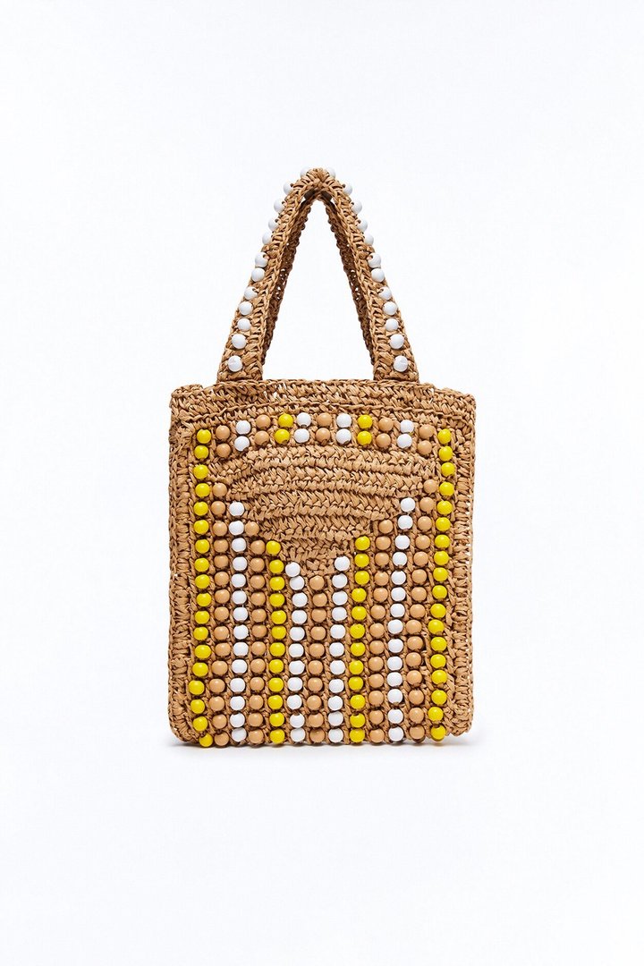 Vacation Time Straw Beaded Satchel Handbag - Yellow/combo