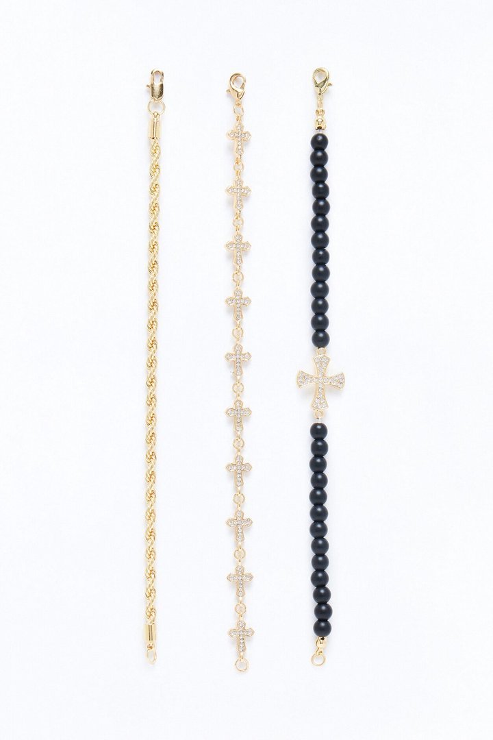 Pray For Faith Iced Cross Bracelet Set - Gold
