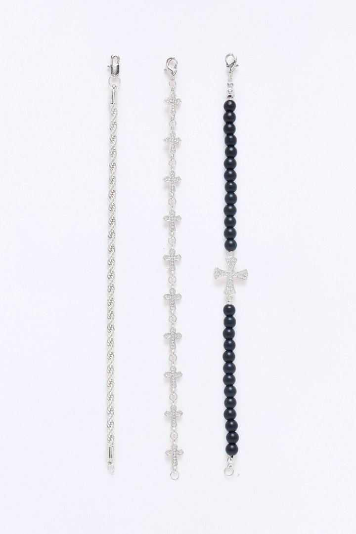 Pray For Faith Iced Cross Bracelet Set - Silver