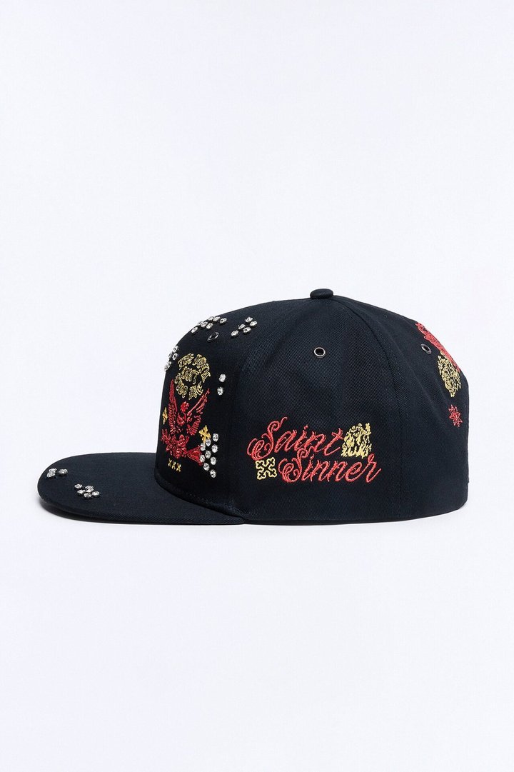 Rhinestone Graphic Embroidered Snapback Hat - Black