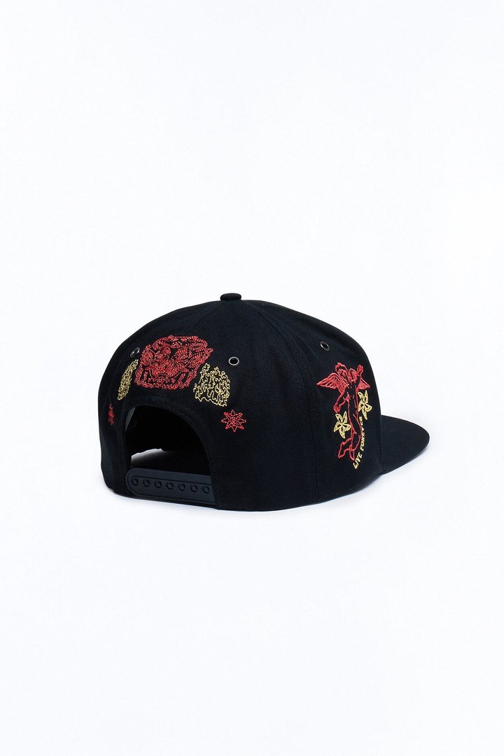 Rhinestone Graphic Embroidered Snapback Hat - Black