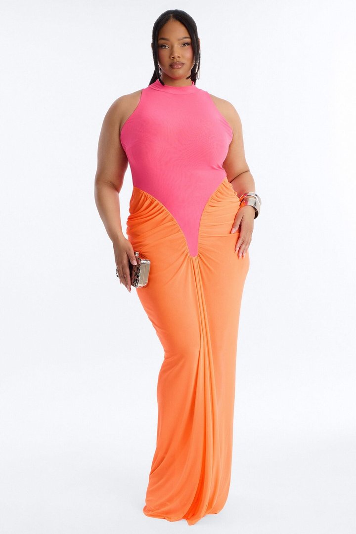 Elara Colorblock Mesh Maxi Dress - Pink/combo