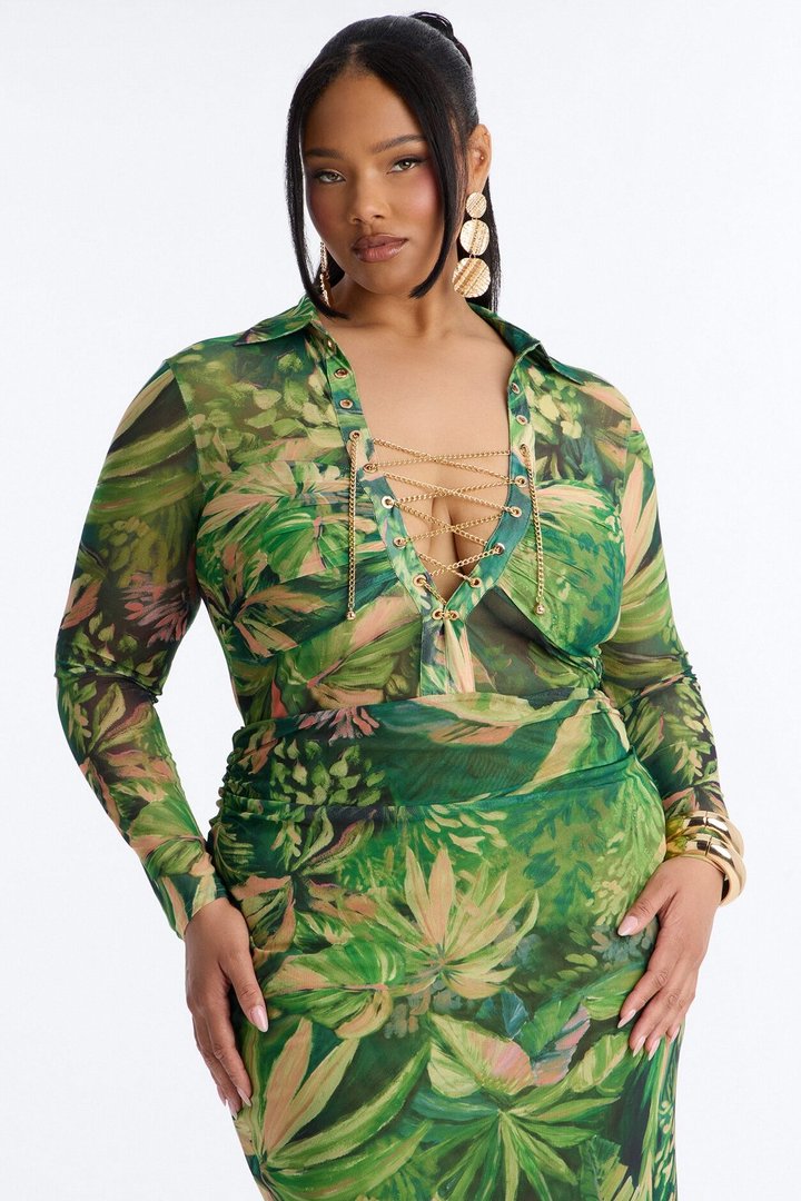 Dark Paradise Lace Up Mesh Midi Dress - Green/combo