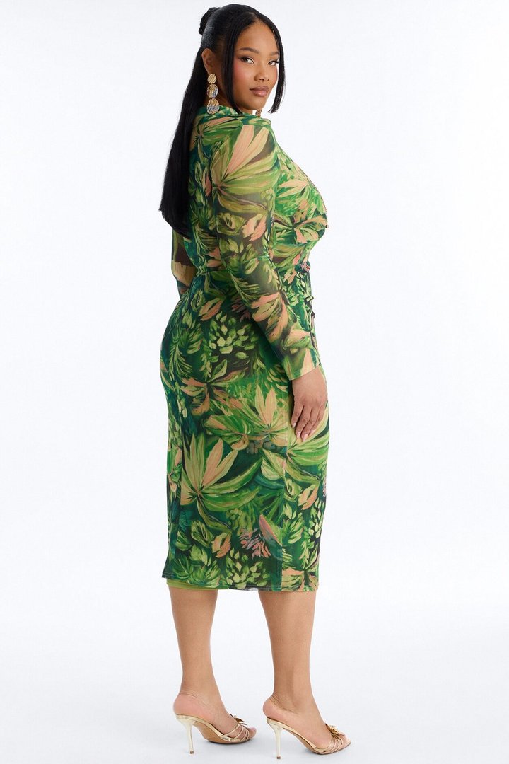 Dark Paradise Lace Up Mesh Midi Dress - Green/combo