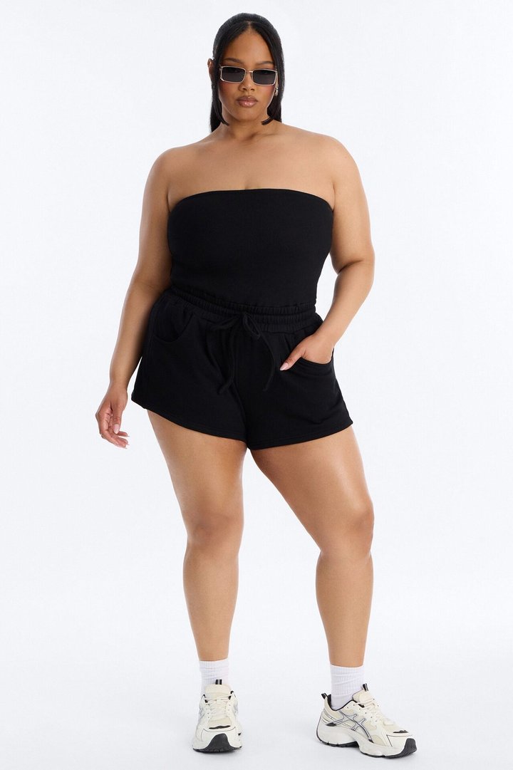 Jules Knit Tube With Fleece Short Romper - Black