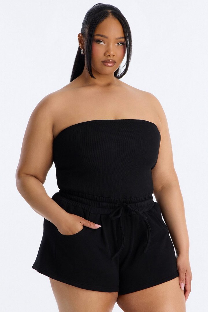 Jules Knit Tube With Fleece Short Romper - Black