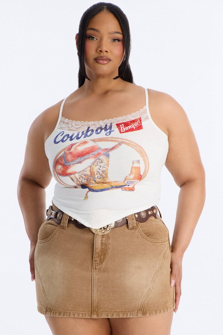Cowboys Have Fun Lace Trim Tank Top - White/combo