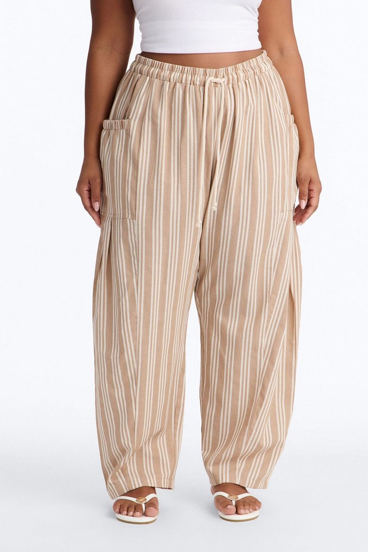 Coastal Barrel Leg Striped Pants - Taupe