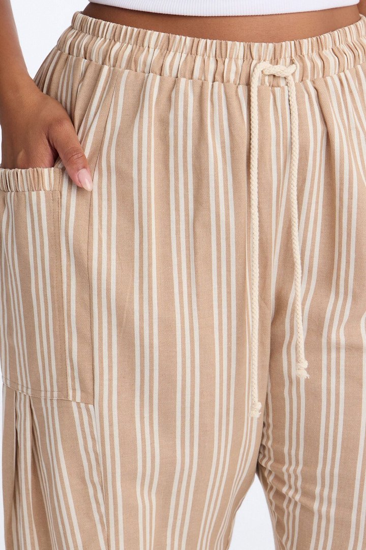 Coastal Barrel Leg Striped Pants - Taupe