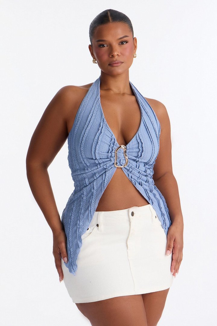 Desert Tribe Textured Hardware Flyaway Halter Top - Blue