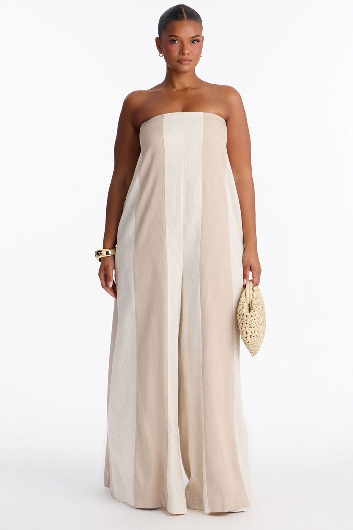 Michelle Striped Strapless Linen Jumpsuit - Taupe