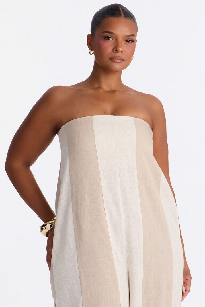 Michelle Striped Strapless Linen Jumpsuit - Taupe