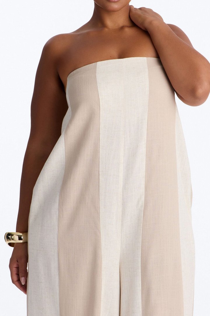 Michelle Striped Strapless Linen Jumpsuit - Taupe