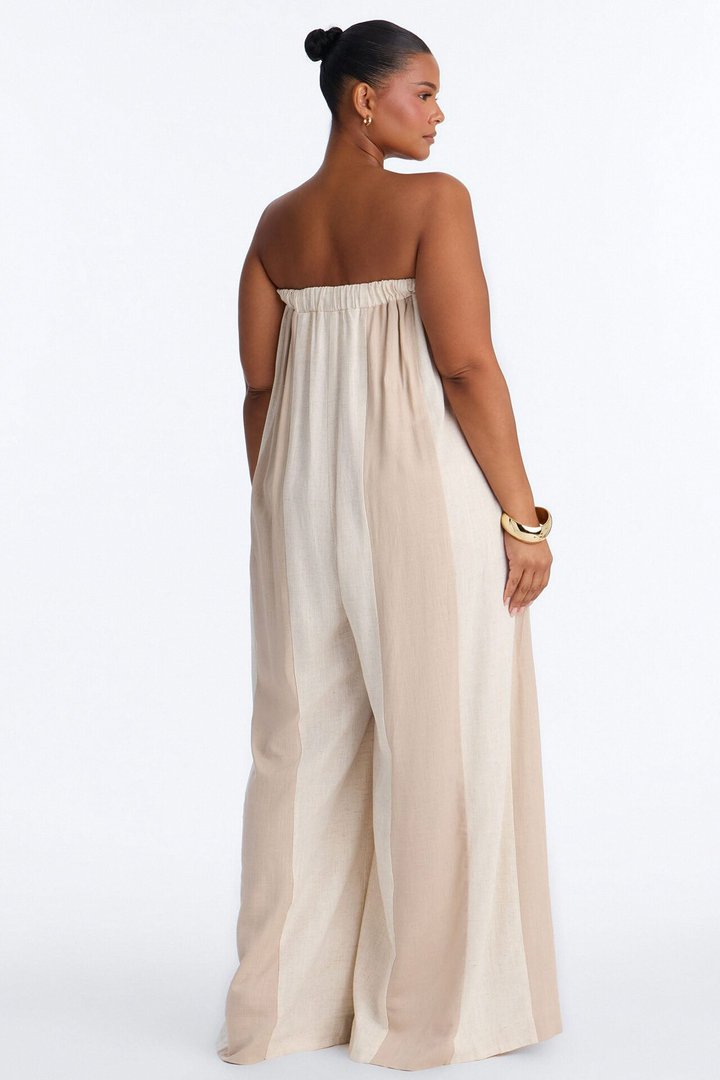 Michelle Striped Strapless Linen Jumpsuit - Taupe