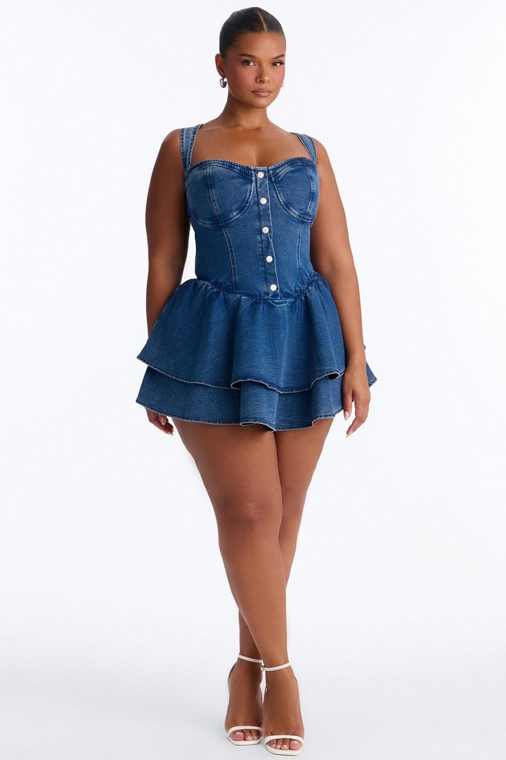 Allie Ruffle Stretch Denim Micro Mini Dress - Medium Wash