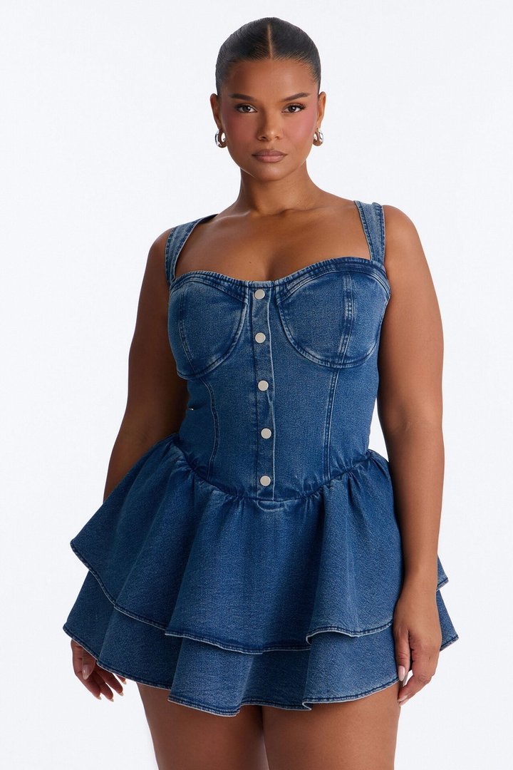 Allie Ruffle Stretch Denim Micro Mini Dress - Medium Wash