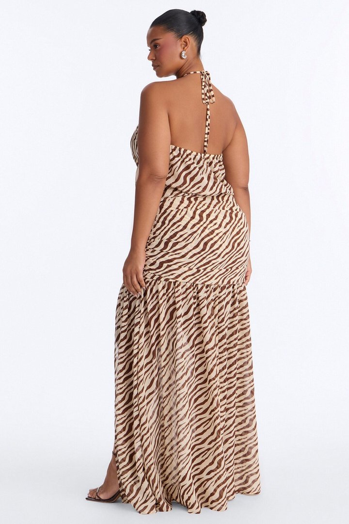 Wildcard Zebra Chiffon Cowl Neck Maxi Skirt Set - Brown Combo