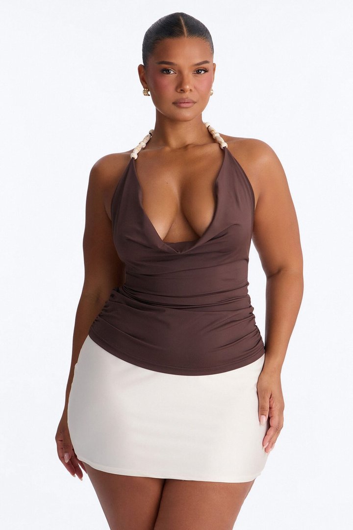 Paradise Nights Beaded Cowl Neck Halter Top - Chocolate