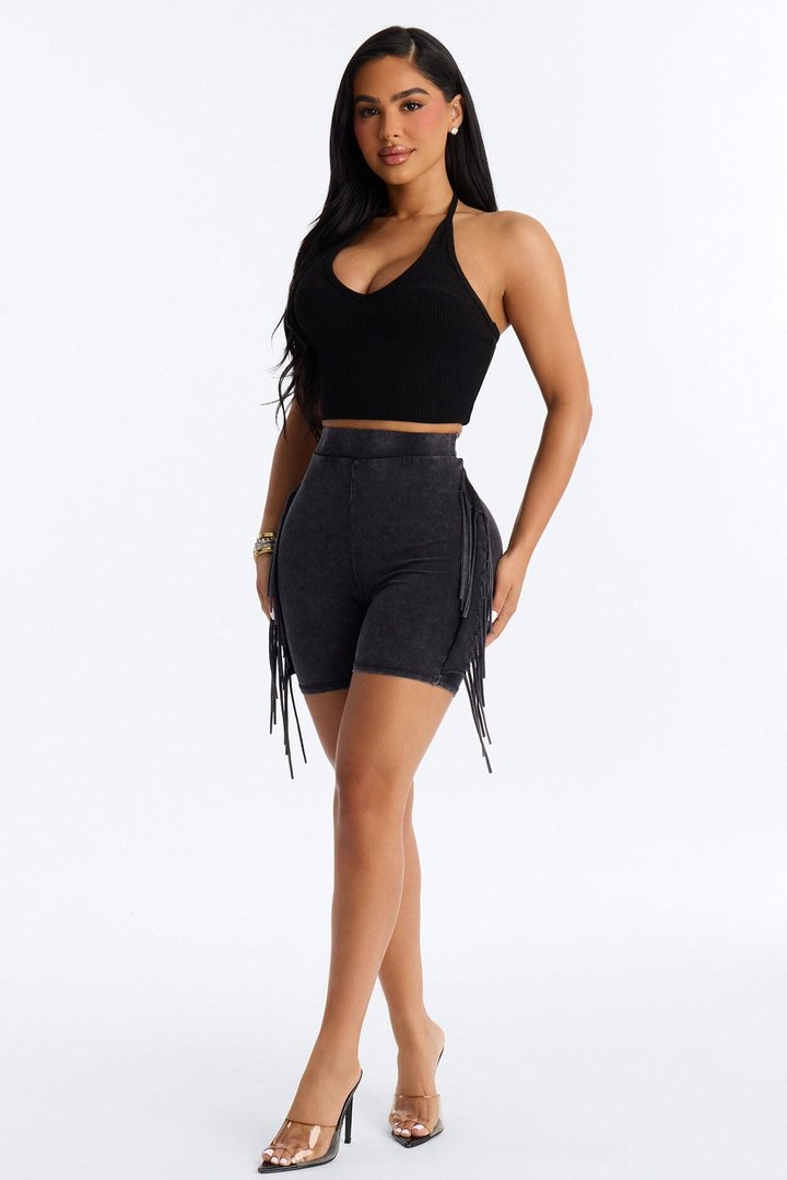 Shake It Up Washed Fringe Trim Biker Short 4″ - Black