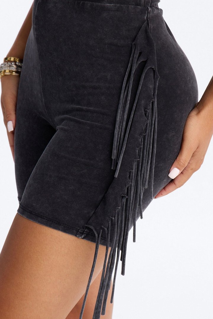 Shake It Up Washed Fringe Trim Biker Short 4″ - Black