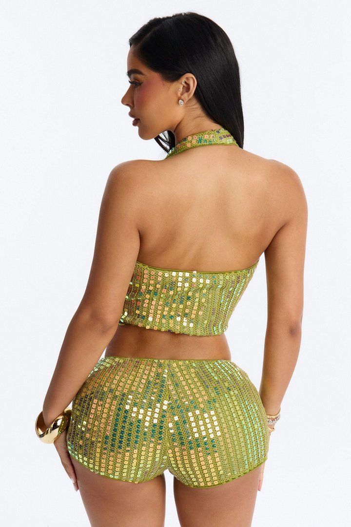 Tiffaney Sequin Halter Micro Short Set - Green