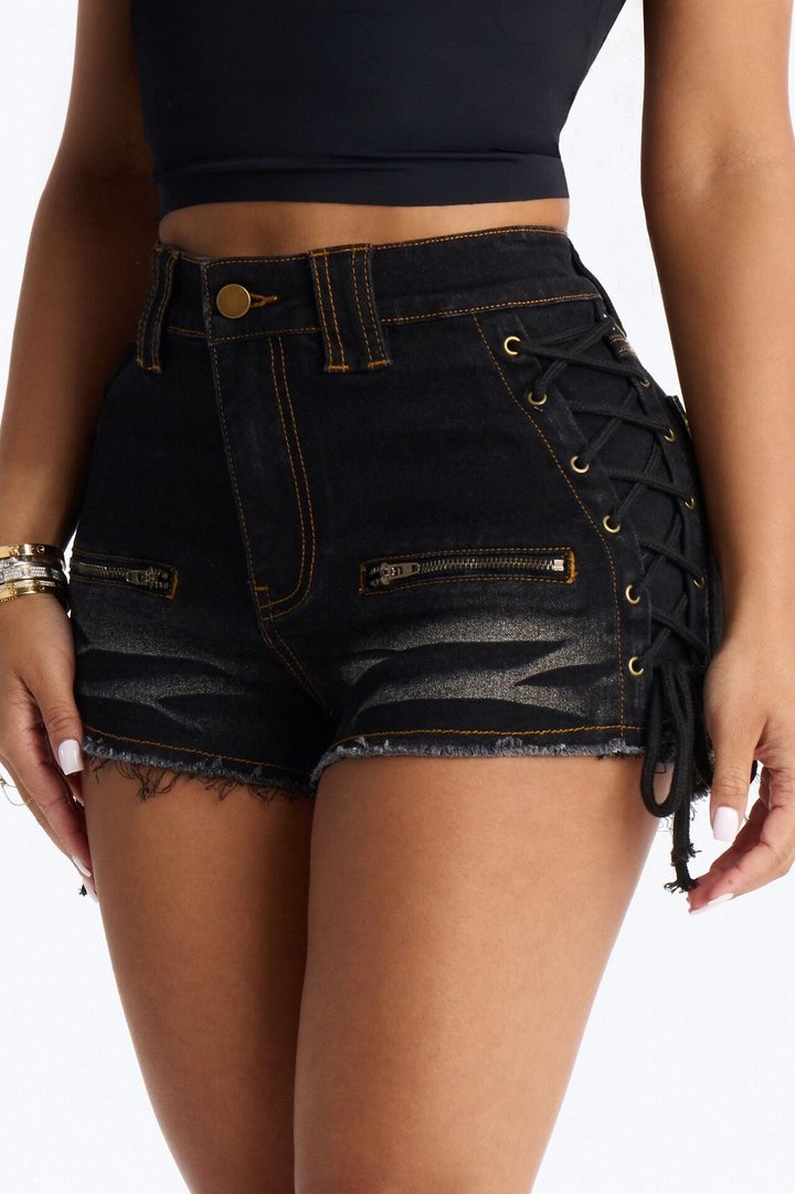 Got The Look Lace Up Cut Off Denim Shorts - Black Wash