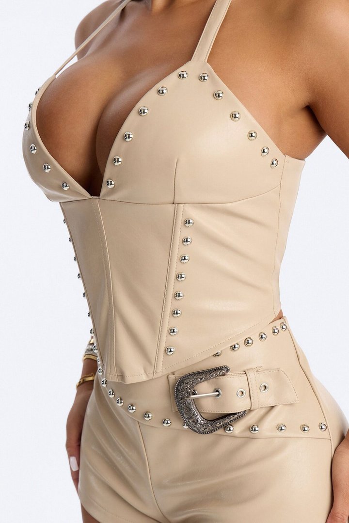 Stunner Studded Faux Leather Short Set - Taupe