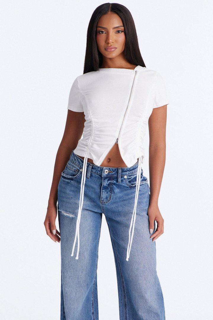 Unzip Me Ruched Short Sleeve Top - White