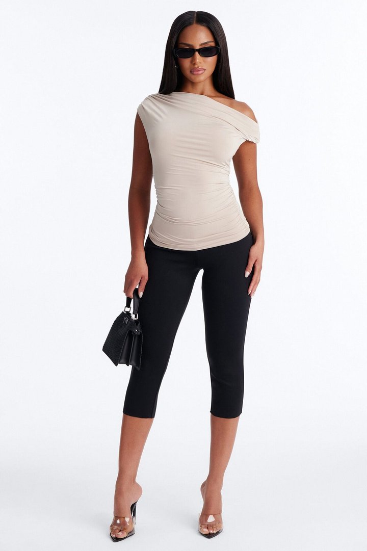 Aya Off Shoulder Twist Short Sleeve Top - Stone