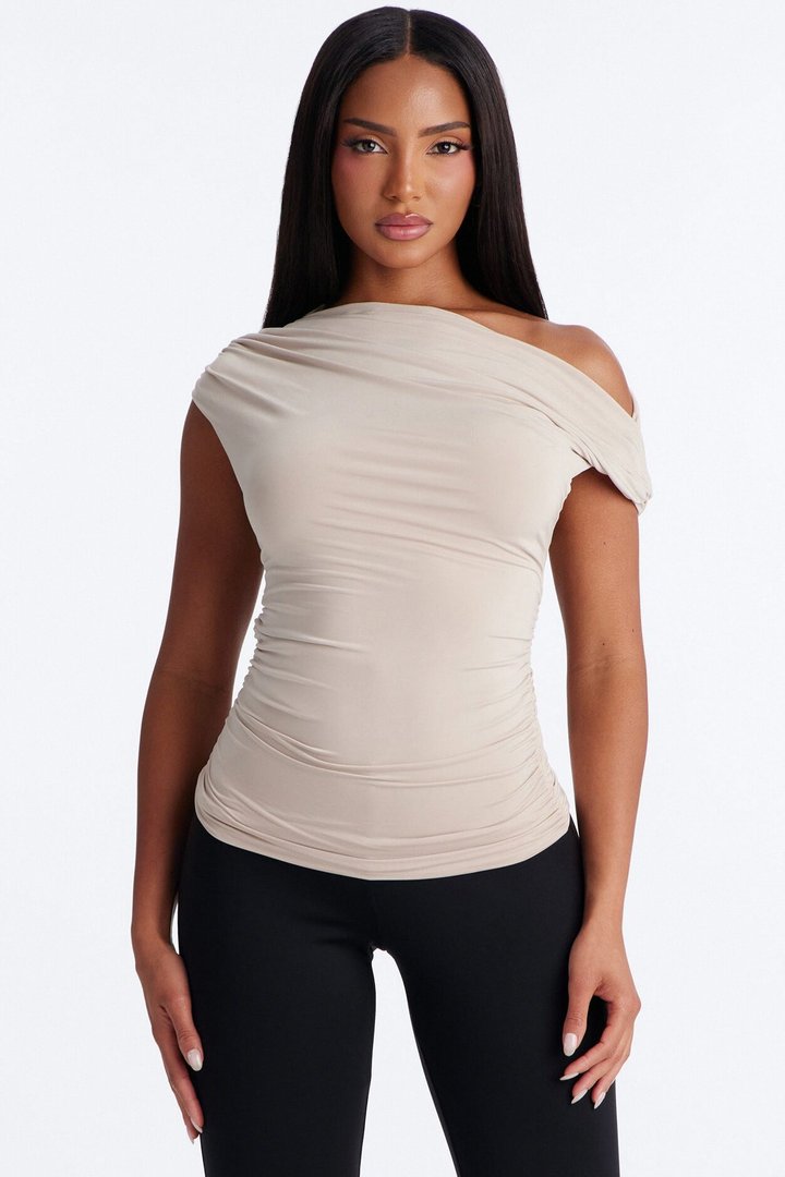Aya Off Shoulder Twist Short Sleeve Top - Stone