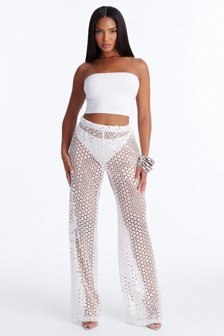 Zuri Low Rise Crochet Sequin Wide Leg Pant - White