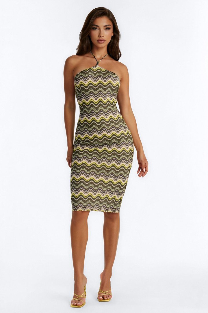 Naomi Chevron Crochet Midi Dress - Green/combo