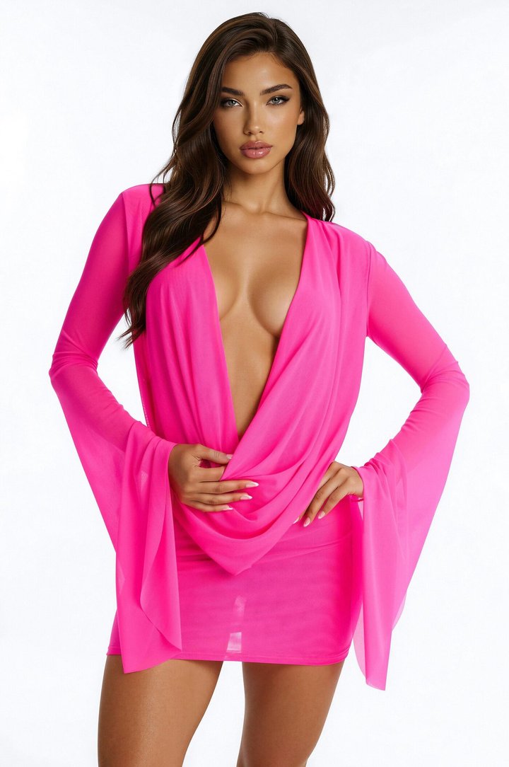 Skyler Deep Cowl Mesh Micro Mini Dress - HotPink