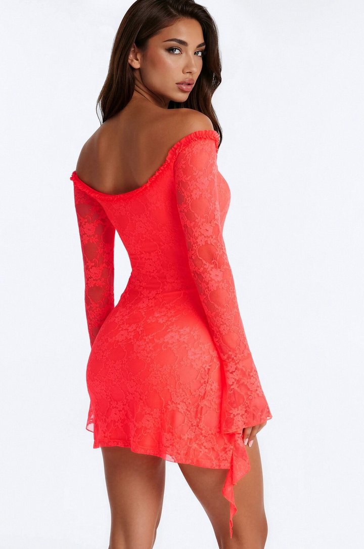 One Of One Lace Mini Dress - Neon Coral