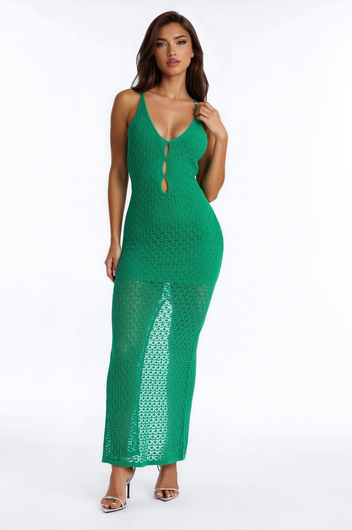 Ocean View Sheer Crochet Maxi Dress - Kelly Green