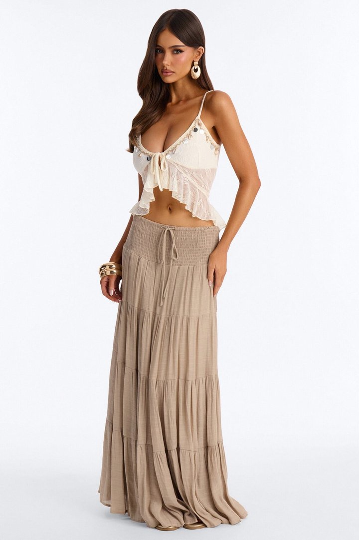 California Coast Low Rise Smocked Gauze Maxi Skirt - Taupe