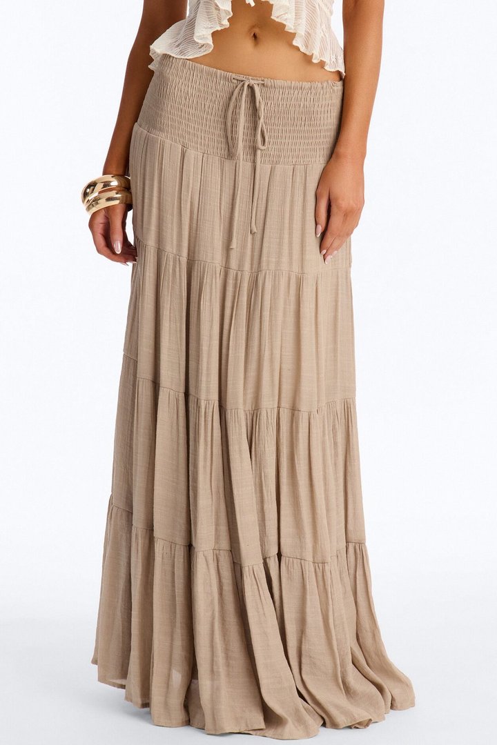 California Coast Low Rise Smocked Gauze Maxi Skirt - Taupe