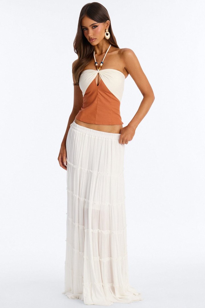 Pretty Playful Beaded Contrast Linen Halter Top - Cream/combo