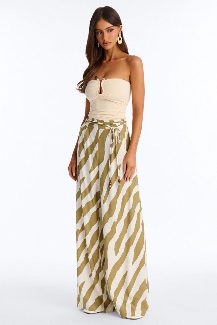 Belle High Waisted Belted Wide Leg Pant - Green/combo