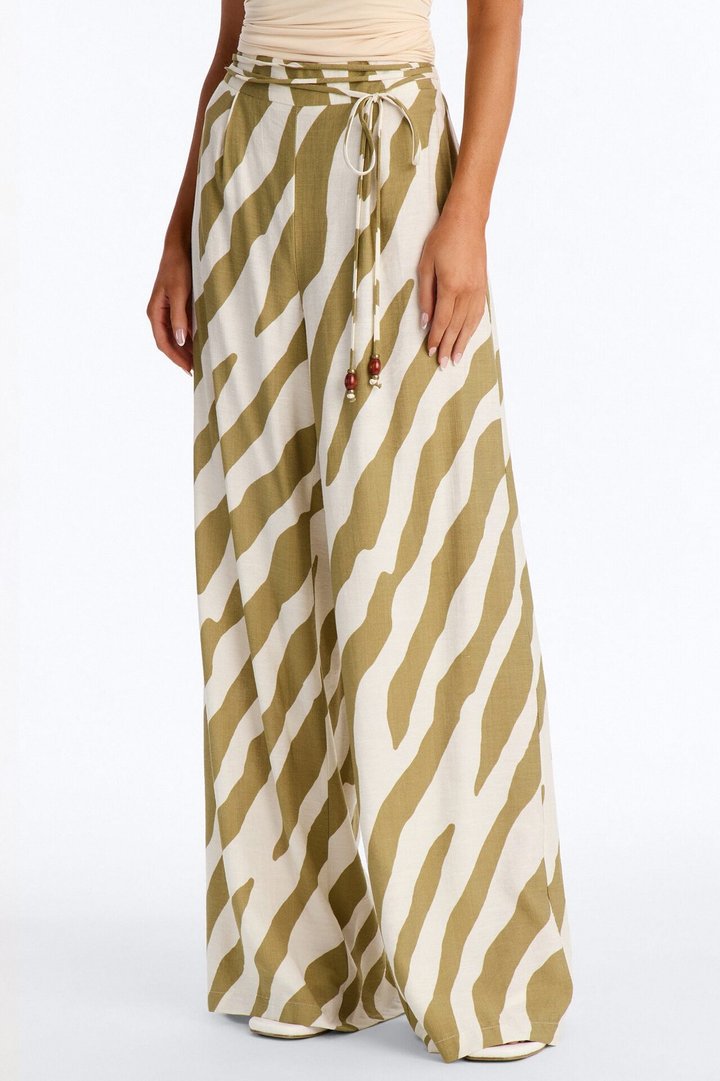 Belle High Waisted Belted Wide Leg Pant - Green/combo