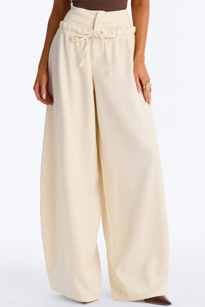 Kathleen Linen High Rise Double Waistband Wide Leg Trouser - Natural