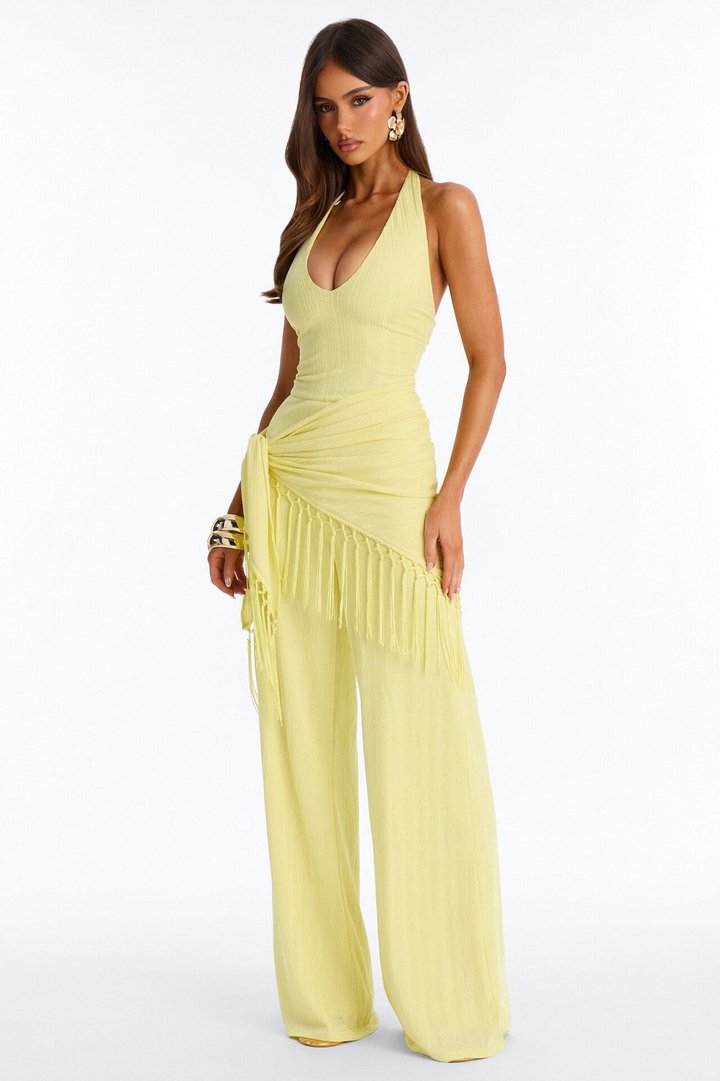 Too Chic Jumpsuit And Waist Scarf Set - Yellow