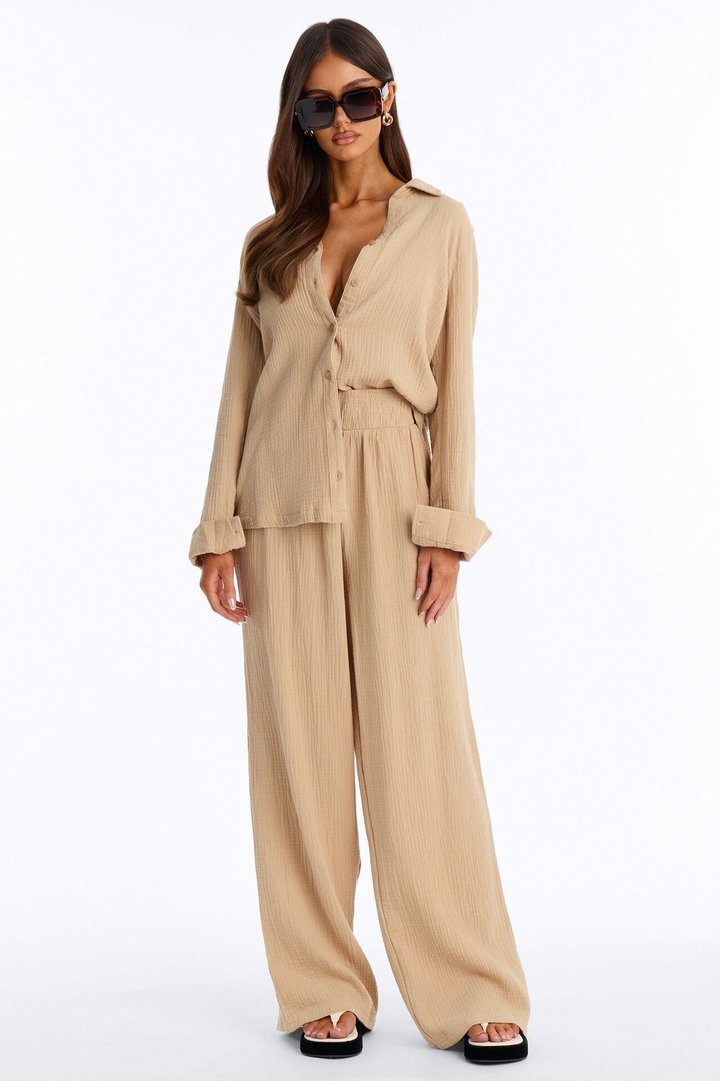 Olivia Gauze Wide Leg Pant Set - Taupe
