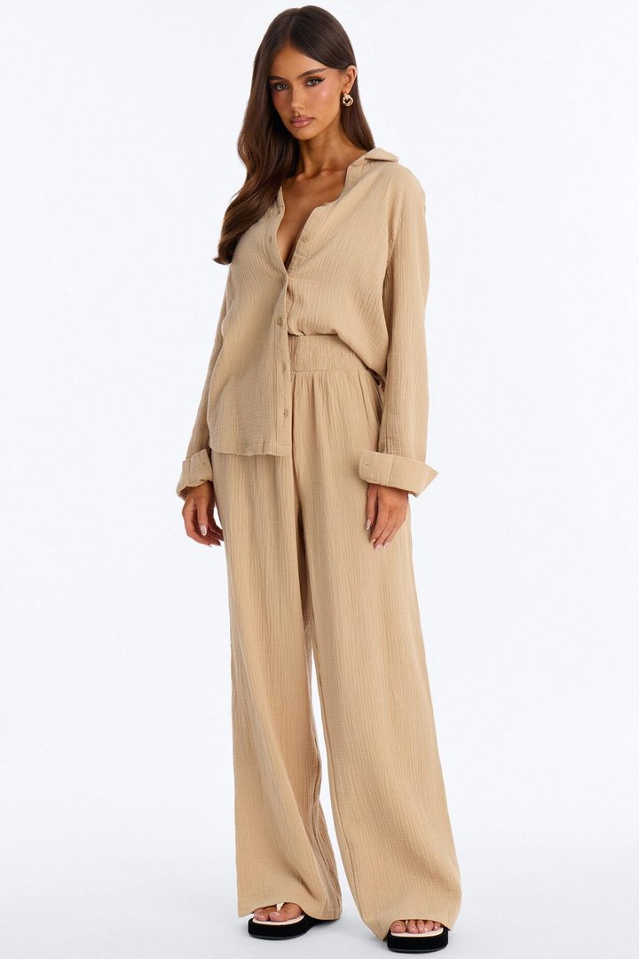 Olivia Gauze Wide Leg Pant Set - Taupe
