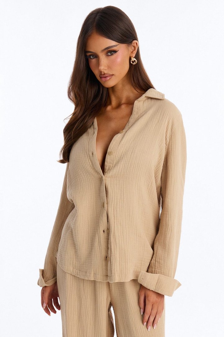 Olivia Gauze Wide Leg Pant Set - Taupe