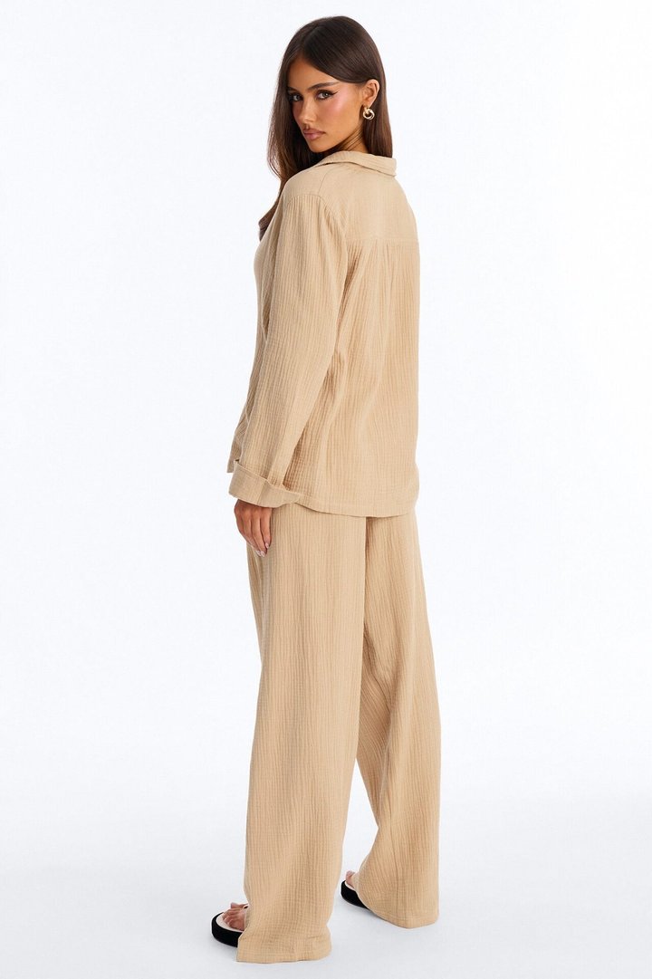 Olivia Gauze Wide Leg Pant Set - Taupe