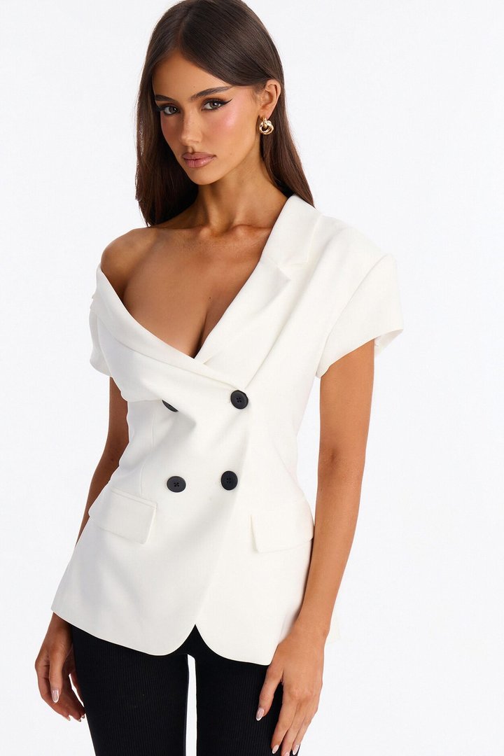 Valerie Asymmetrical Neckline Short Sleeve Blazer - White