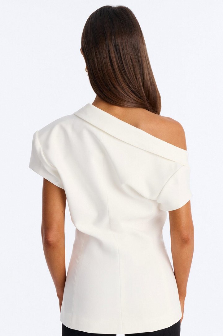 Valerie Asymmetrical Neckline Short Sleeve Blazer - White