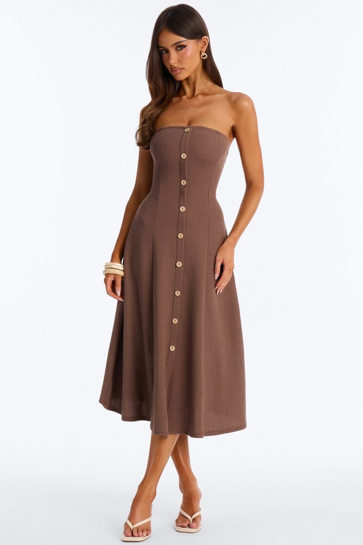 Celia Strapless Textured Midi Dress - Chocolate